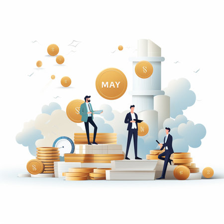 Businessmen stand on the top of the stack of coins. Vector illustration.の素材