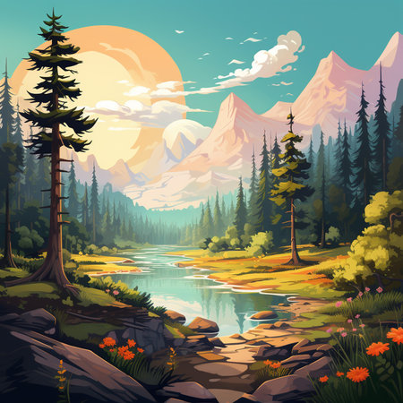 Beautiful summer landscape with forest lake and mountains. Vector illustration.の素材