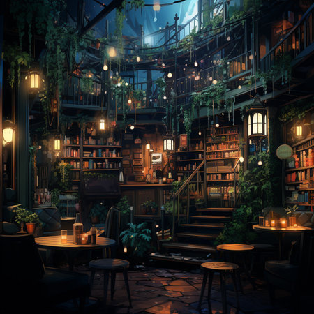 Fantasy night club interior with bookshelf. 3D renderingの素材
