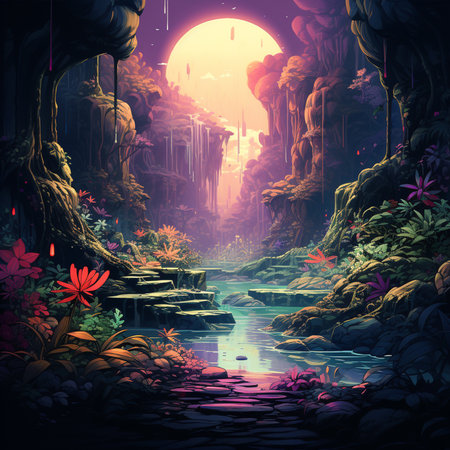 Fantasy landscape with fantasy forest and river. 3d illustration.の素材