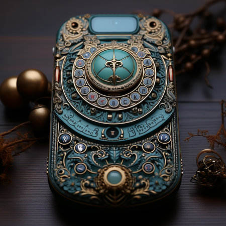 Vintage turquoise telephone on a dark wooden table. Close-up.の素材
