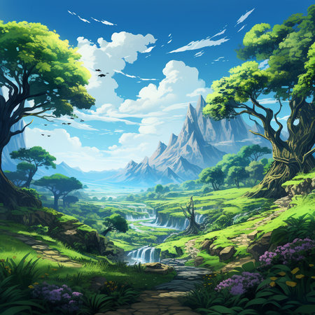 Fantasy landscape with mountains, river and trees - illustration for childrenの素材