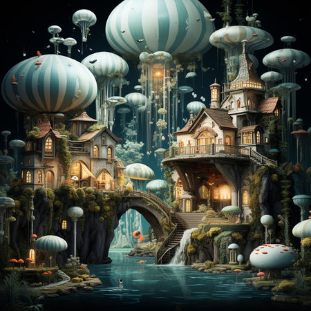 Fantasy landscape with fantasy houses, bridge and flying saucersの素材