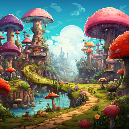 Fantasy fantasy landscape with mushrooms - illustration for children. Cartoon styleの素材