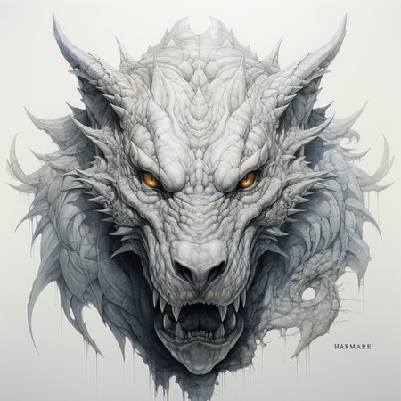 Illustration of a fantasy dragon head with sharp teeth on a white backgroundの素材
