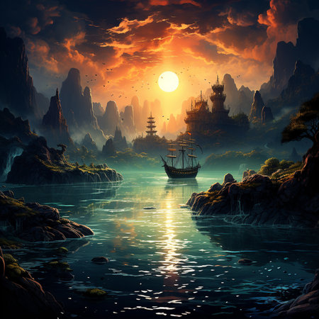 Fantasy landscape with old ship in the sea. Fantasy illustration.の素材