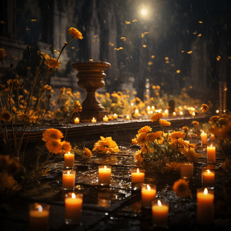Witch grave with candles and flowers in the cemetery. Halloween concept.の素材