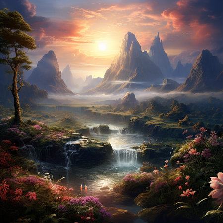 Fantasy Landscape with Mountain and Flowers. 3D Renderingの素材