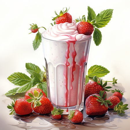Strawberry milkshake with whipped cream and fresh berries on a white backgroundの素材
