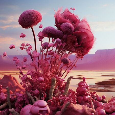 3D illustration of an abstract fantasy landscape with flowers and plants.の素材