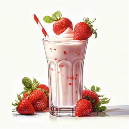 Strawberry milkshake in a glass with fresh strawberries on a white backgroundの素材