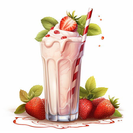 Strawberry milkshake with whipped cream and fresh berries.の素材