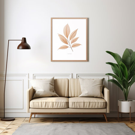 Interior of modern living room with beige sofa, carpet, floor lamp and plant. 3d renderの素材