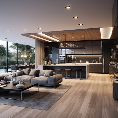3d rendering of a modern kitchen and living room with a beautiful viewの素材