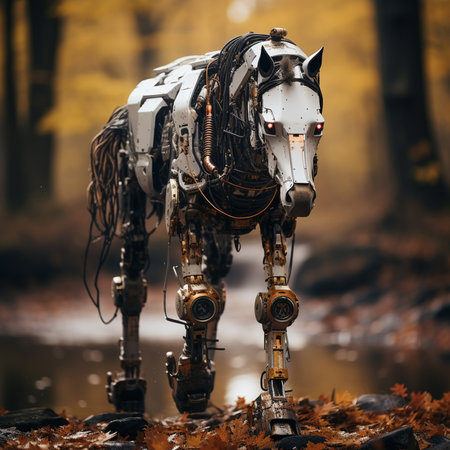 Futuristic robot in the autumn forest. 3d rendering.の素材