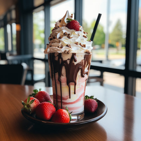 Chocolate milkshake with whipped cream and strawberries in a cafeの素材