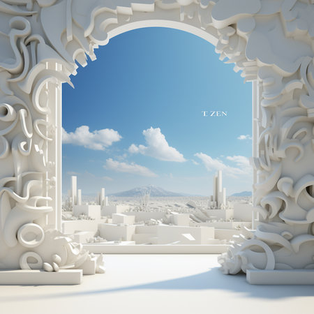 3D rendering of an arched door leading to the city and blue skyの素材