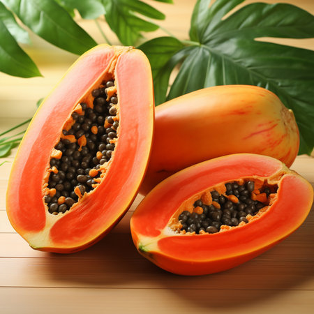 Ripe papaya fruit on wooden table, closeup. Tropical fruitの素材