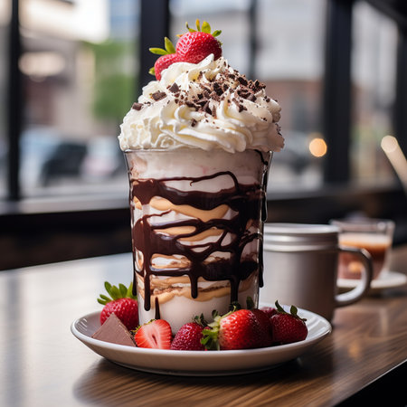 Chocolate milkshake with whipped cream, strawberries and chocolate sauceの素材