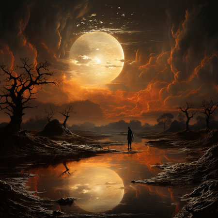 Man standing on the edge of a swamp with a full moon in the backgroundの素材