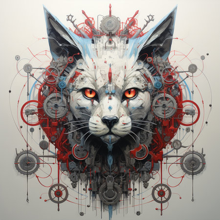 Fantasy cat head with mechanical elements on grey background. Digital illustration.の素材