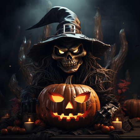 Halloween pumpkin with witch hat on dark background. Halloween concept.の素材