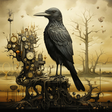 Fantasy illustration of a crow sitting on a chimney in the forestの素材