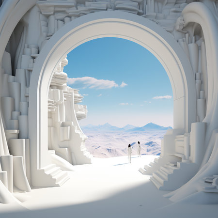 3d render of a man and a woman standing in front of an archの素材