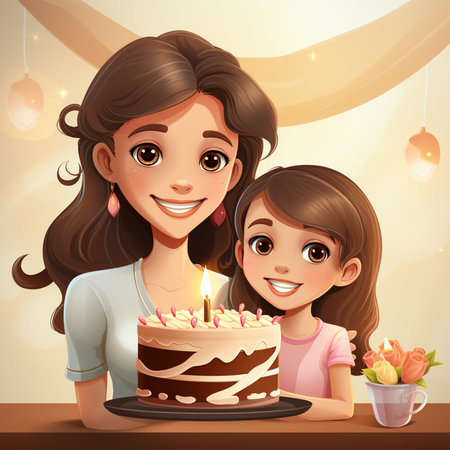Mother and daughter holding birthday cake in cafe. Vector cartoon illustration.の素材