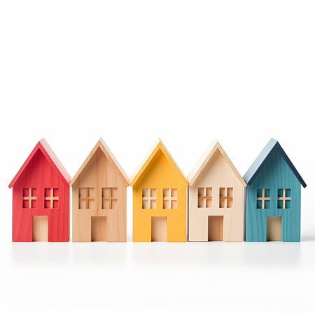 Wooden toy houses isolated on white background. 3D illustration.の素材