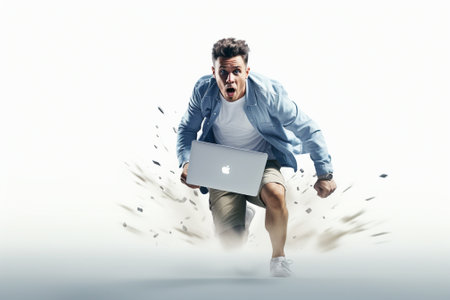 Young man in casual running with laptop in hands. Mixed media.の素材