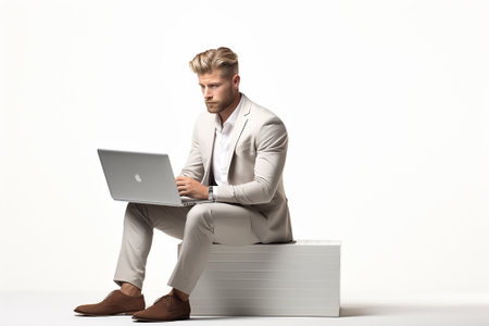 Handsome young businessman sitting on a white box and using a laptopの素材
