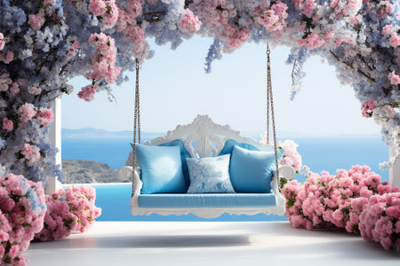 Pillow on a swing in a garden with flowers. 3d renderingの素材