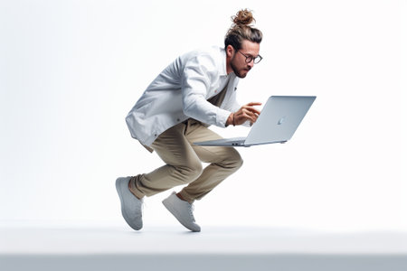 young casual man using a laptop while jumping on a white studio backgroundの素材
