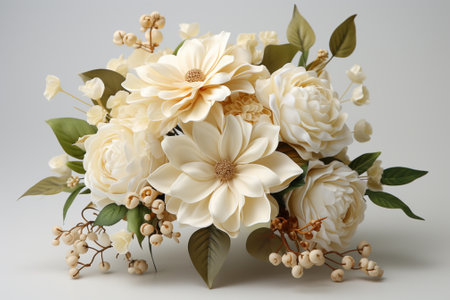 Bouquet of white flowers with leaves and berries on a white backgroundの素材