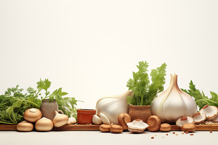 garlic, mushrooms, onion, parsley and pottery on white backgroundの素材