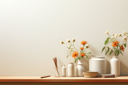 Vase with flowers on shelf near color wall, 3d renderの素材