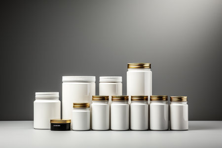 Mockup of white plastic containers with golden cap on grey backgroundの素材