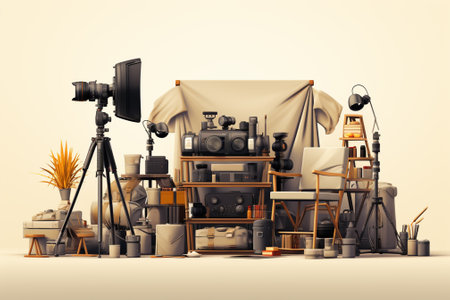 Photography studio with equipment. 3d illustration. High resolution.の素材