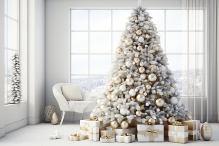 White christmas tree with presents in the living room 3D renderingの素材