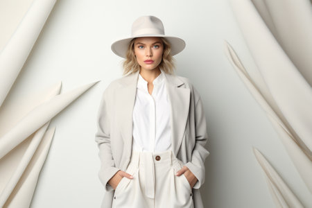 fashionable woman in white hat and trench coat posing on white backgroundの素材