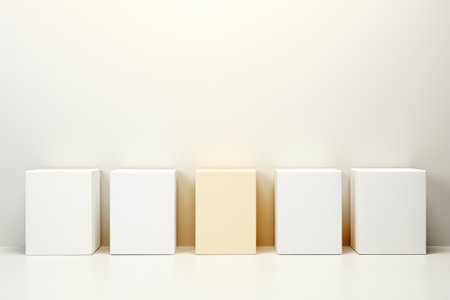 3d render of three blank white and golden cubes on white backgroundの素材
