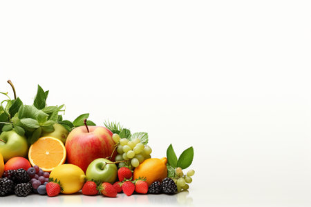 Fresh fruits on a white background with space for text. Healthy food concept.の素材