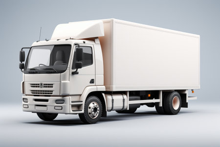 White commercial delivery truck on a gray background with shadow. 3d renderingの素材