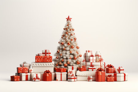 Christmas tree with presents in front of a white background. 3D renderingの素材