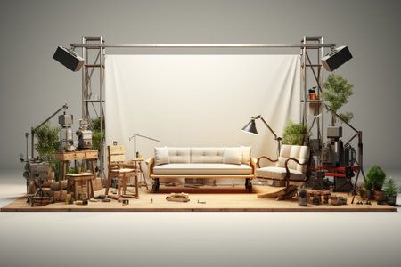 3d render of interior photography studio with white sofa and lighting equipmentの素材
