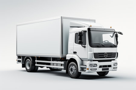 White commercial delivery truck on a gray background with shadow. 3d renderingの素材