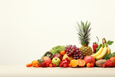 Composition with fresh fruits and vegetables on wooden table against white backgroundの素材