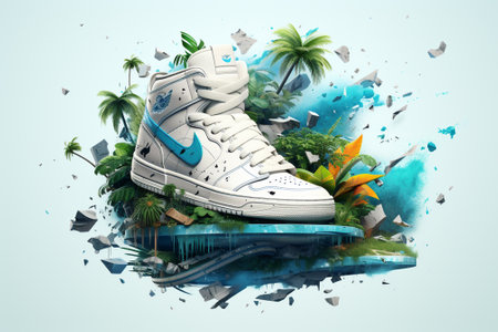 White sneakers on a blue background with splashes. 3d renderingの素材
