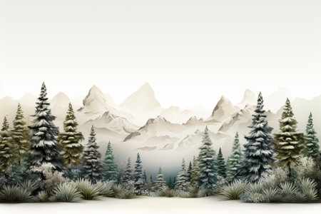 Winter landscape with snowy mountains and coniferous trees. 3d illustrationの素材
